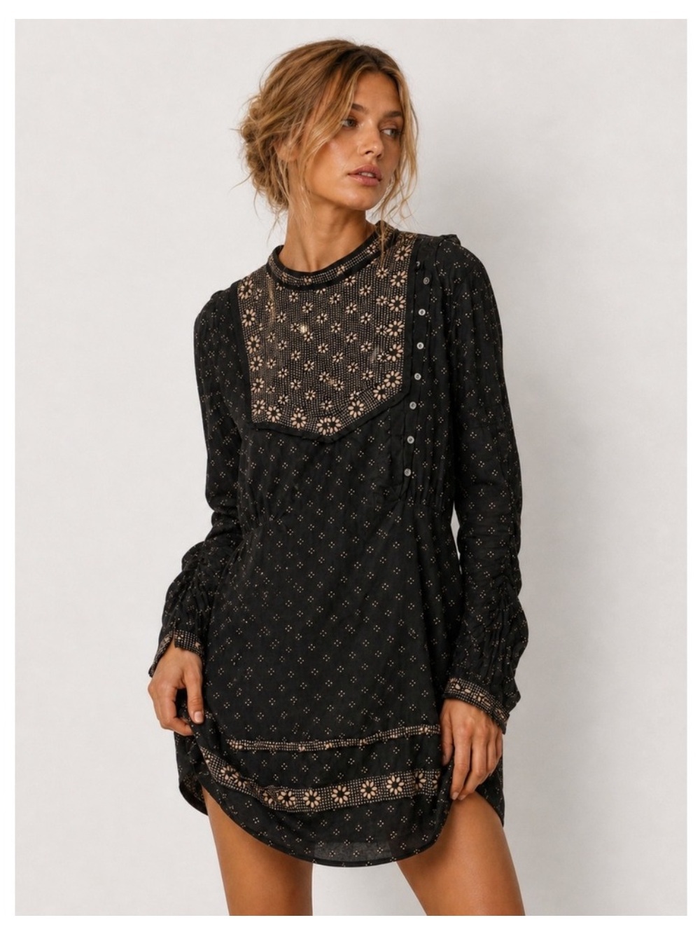 DOEN Wildeve Dress Black Floral Cotton Long Sleeve Cottagecore Mini Dress M